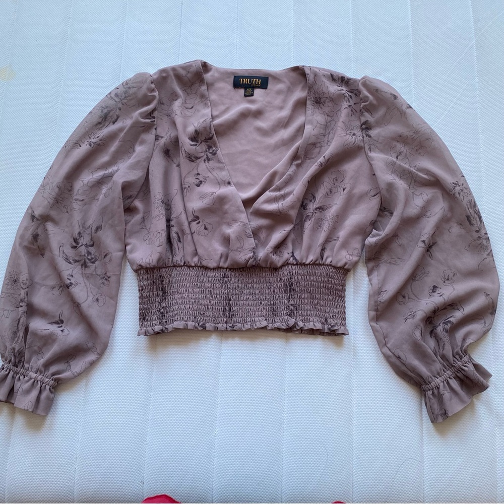 Truth Dusty Mauve Floral V‑Neck Smocked Waist Blouse